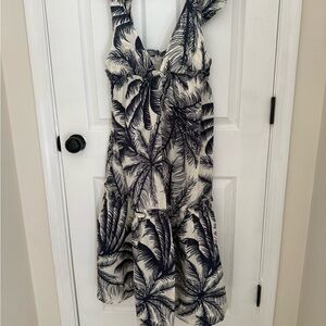 PAROSH Navy palm leaf Print tiered Dress